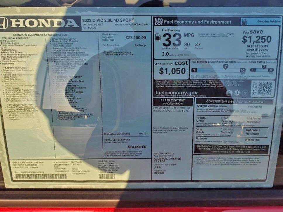 11th Gen Honda Civic Window Sticker for 2022 Civic Sedan Sport 2.0L Window sticker 2022 Civic Sedan Sport 2.0L 