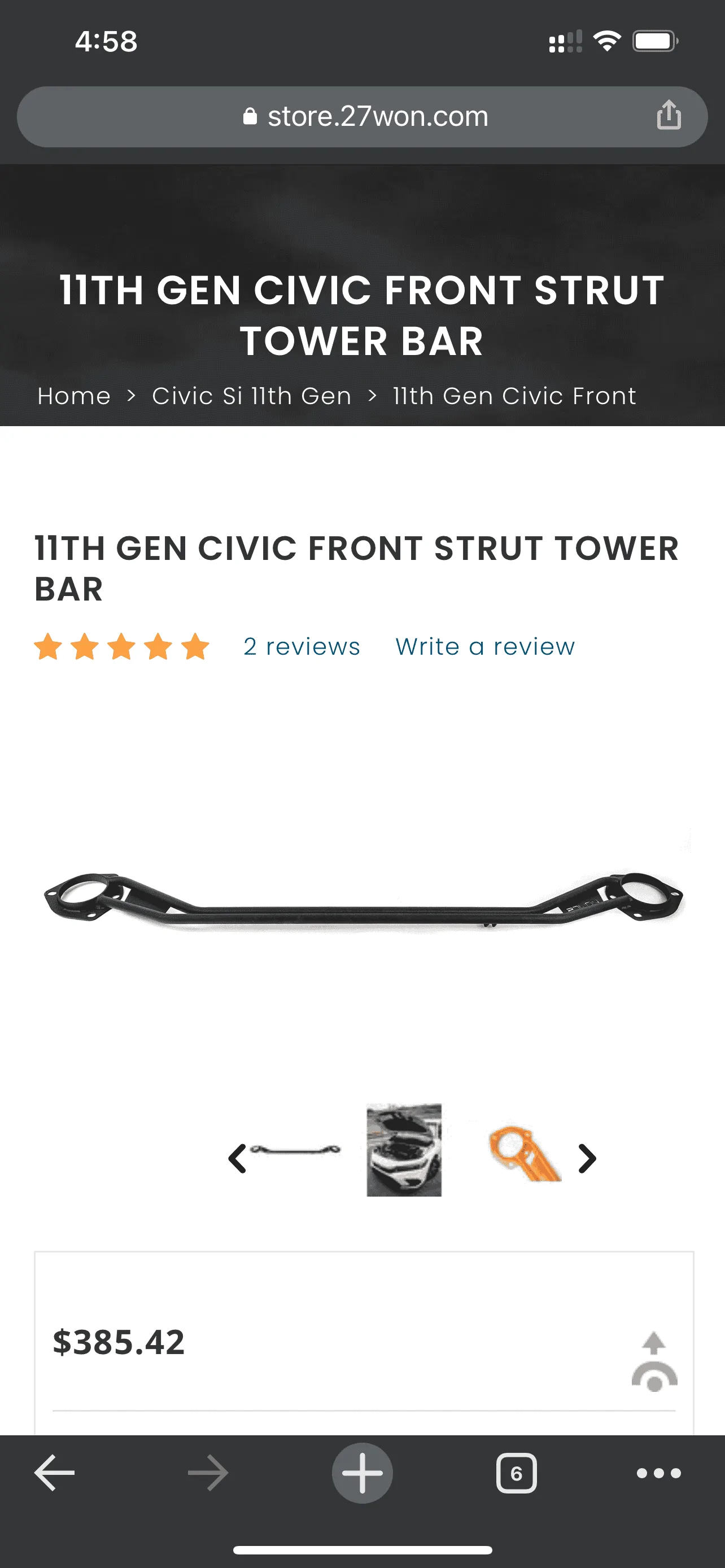 11th Gen Honda Civic 27Won Front Strut Tower Bar and Brake Brace (Fits All 11th Gen) 5CCBE5FD-E3EA-4029-9358-6D35F788084D