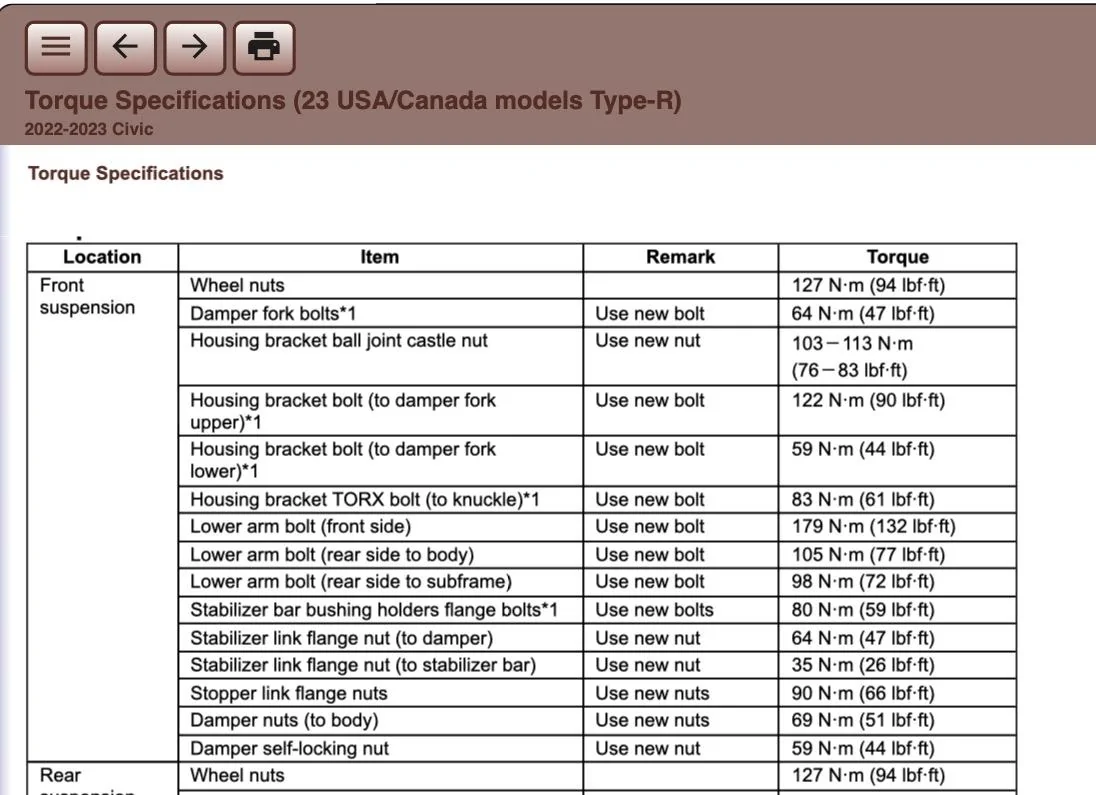 11th Gen Honda Civic Lug Nut Torque for FL5 - Owners Manual Wrong! Screenshot 2023-05-26 at 9.38.51 AM