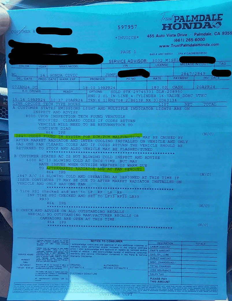 11th Gen Honda Civic Multiple issues after installing oil cooler, intercooler, and radiator 1713677997698-gu
