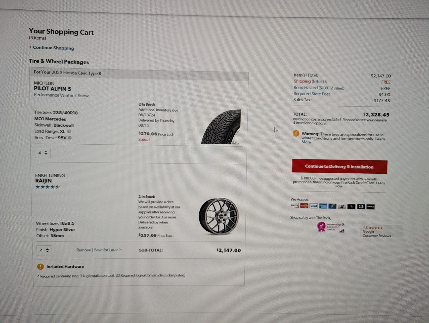 11th Gen Honda Civic Reno/NorCal Brand New Never Mounted Snow Tire and Wheel Package, Alpin 5 and Enkei Raijin PXL_20240718_172147506