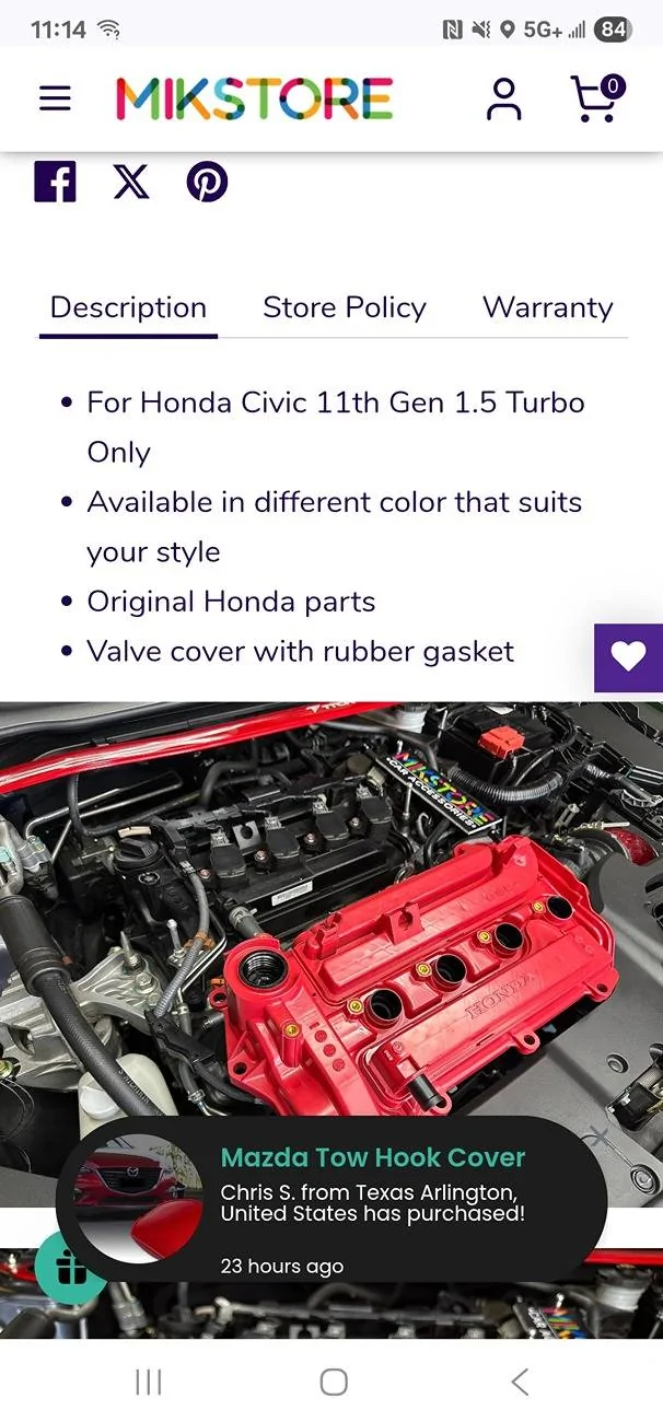11th Gen Honda Civic "Original Honda Parts" Valve Cover - Dealer Install 1000005412