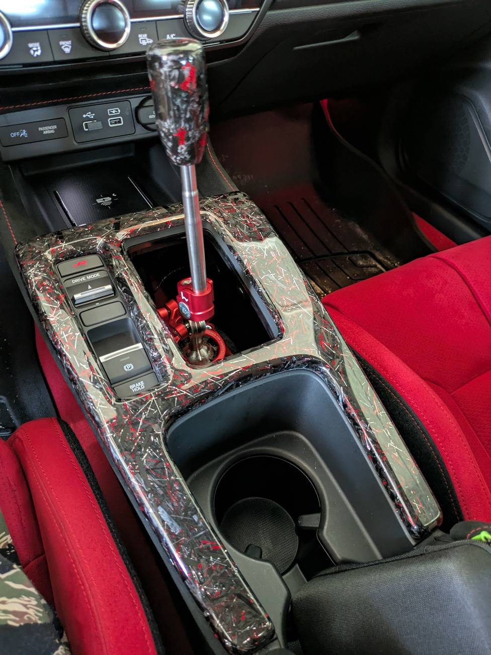11th Gen Honda Civic Sold- Carbon Sixth Element Red Hybrid Forged Carbon Console Trim PXL_20250707_153432259