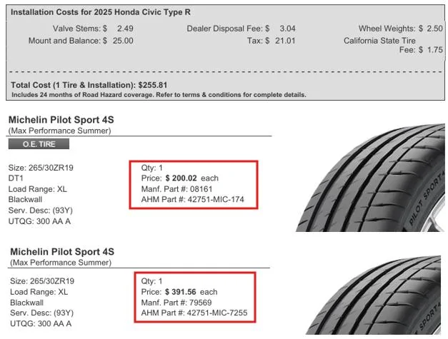 11th Gen Honda Civic Cheapest way to get the Honda-specific Pilot Sport Cup 2 tires for stock wheels? tire info