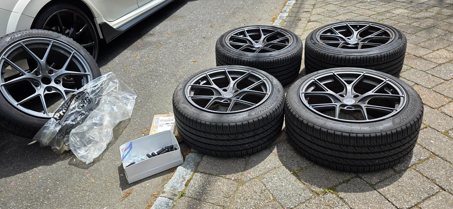 11th Gen Honda Civic FS: Titan 7  (5) 18x9.5 +45 Satin Titanium, perfect for Civic Type R (New Jersey) $1950/obo, 5 wheels and tires and lugs 20250501_131059
