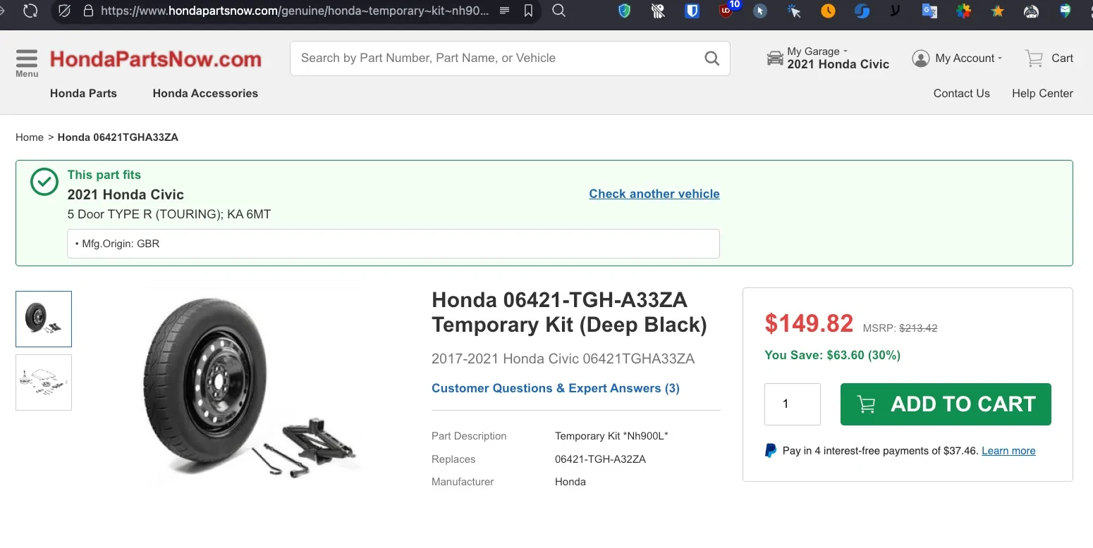 11th Gen Honda Civic [Install Guide] Installing aFK8 spare tire and full kit in the FL5 06421-TGH-A33ZA at Honda Parts No