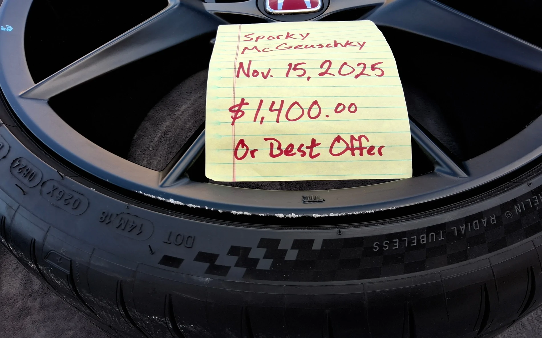 11th Gen Honda Civic OEM FL5 Type R Matte Black wheels and PS4S tires for sale. 20251115_120720