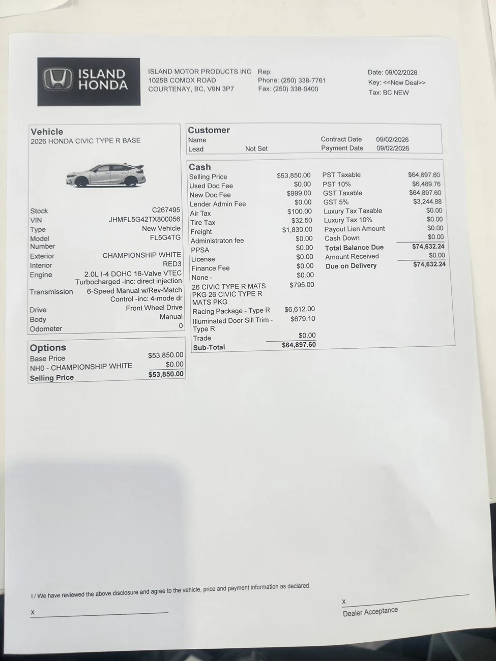 11th Gen Honda Civic Canadian dealer asked what colour Type R I want 1000008556