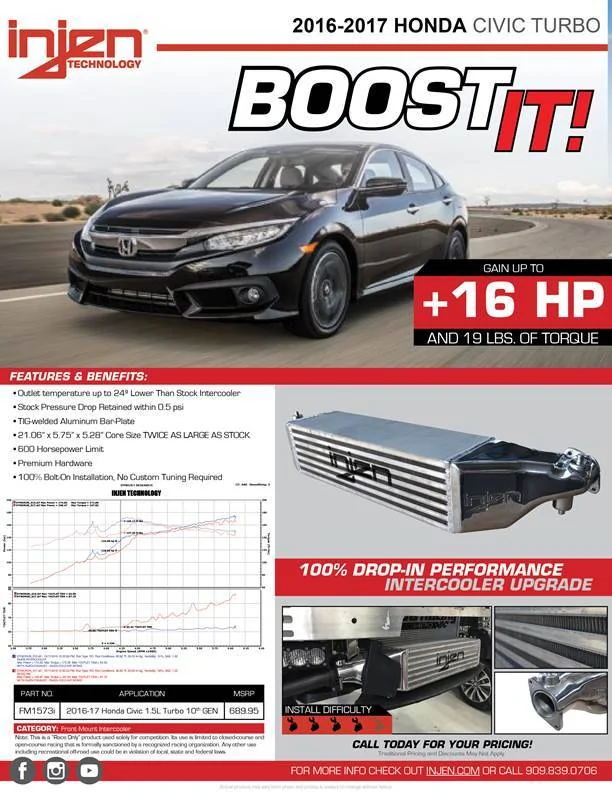 11th Gen Honda Civic ** New Release** Injen Bar And Plate Front Mount Intercooler | 16+ HP FM1573i3