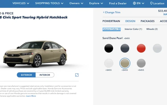 2025 Civic Hatchback Hybrid Build & Price Configurator Site Finally Up