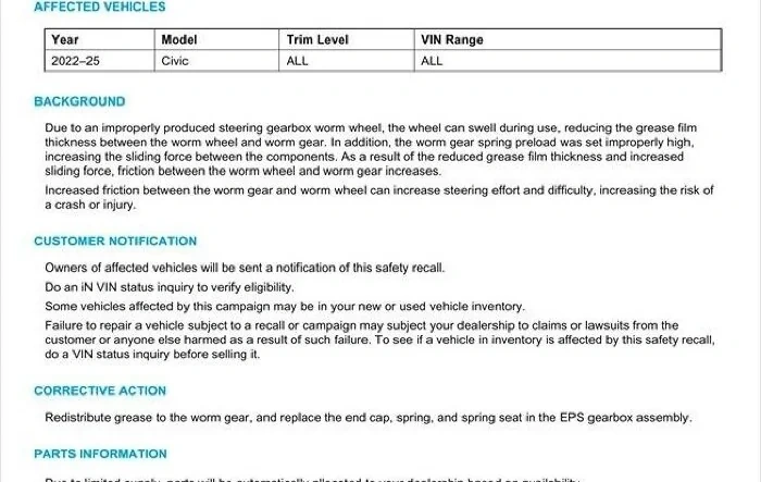 FL5 recall (2022-2025 Civic Steering Gearbox Assembly)